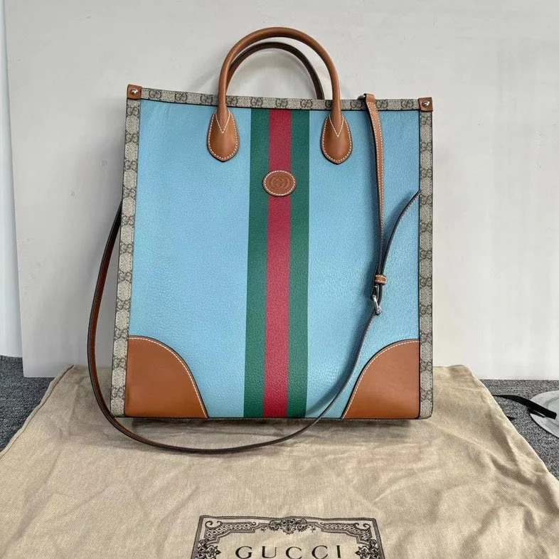 Gucci Marmont bags for women with quilted leather exteriorsGucci Blue Beige Brown Two-Way Tote Bag with DustBag