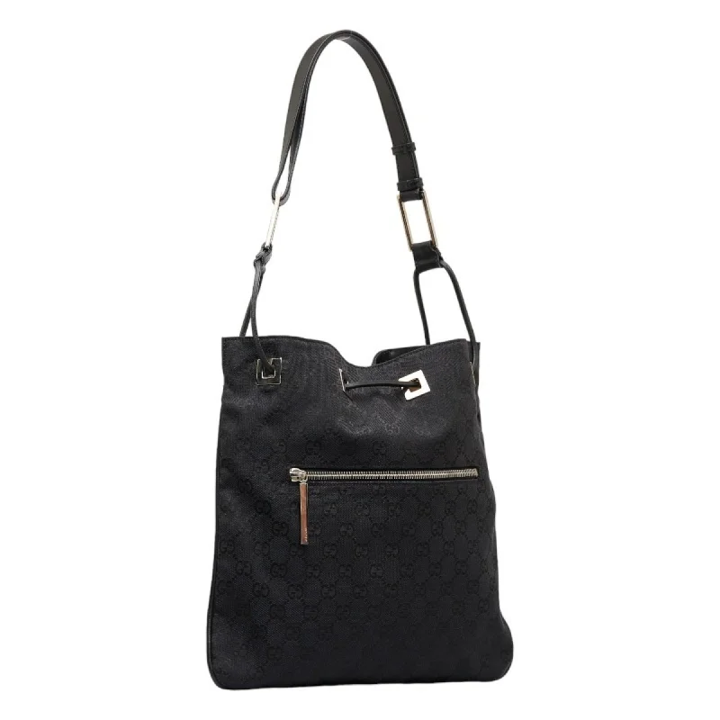 Women Gucci bags with a snap - button closure and a decorative charmGUCCI GG Canvas One Shoulder Bag 001 4021 Black Leather Women's