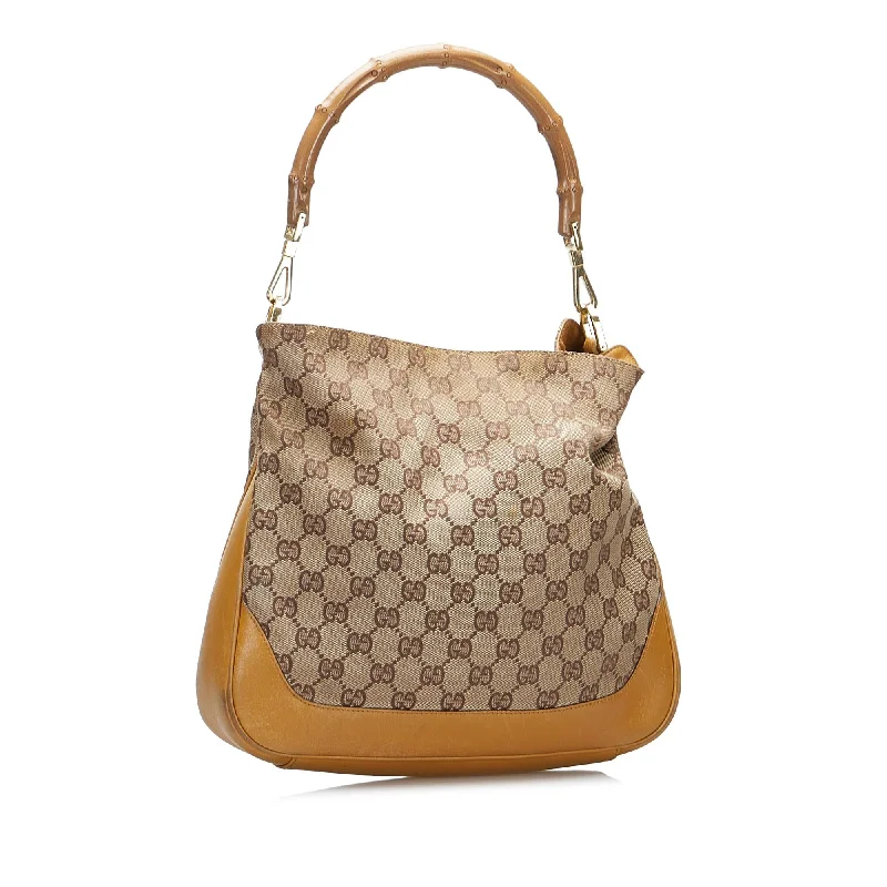 Women Gucci Sylvie bags featuring the signature web stripeGucci Bamboo GG Canvas Web Satchel (GPZYZn)