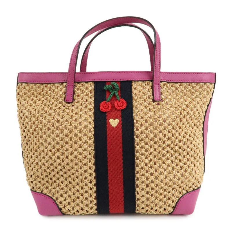 Gucci tote bags for women with a printed Gucci logoGUCCI Children Sherry Raffia Leather Cherry Bag Beige Pink 410818