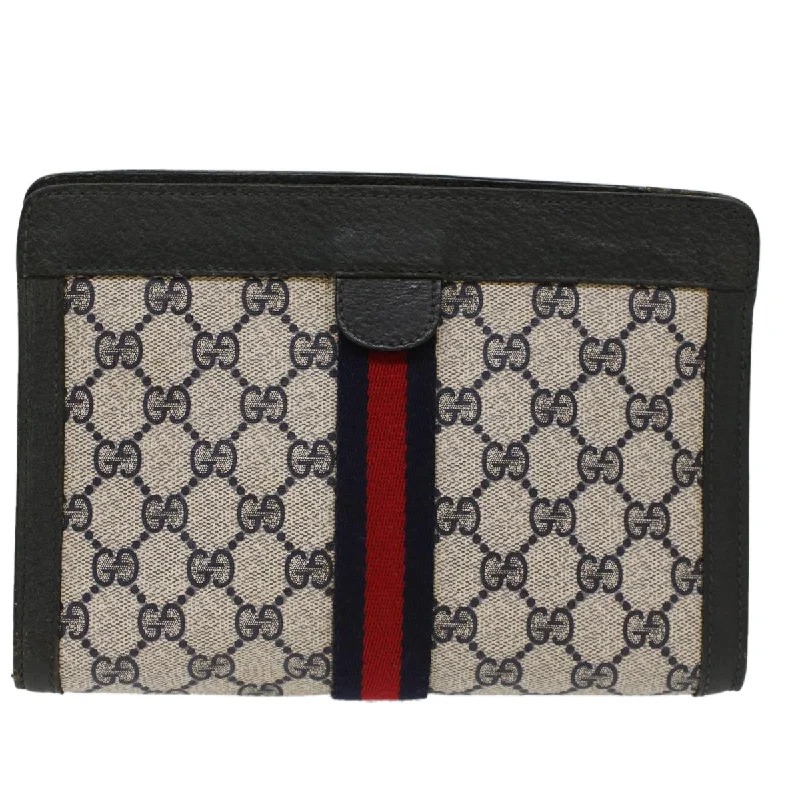 Women Gucci bags with a front - zip pocket for small itemsGUCCI GG Canvas Sherry Line Clutch Bag Gray Red Navy 89.01.001  yk7814