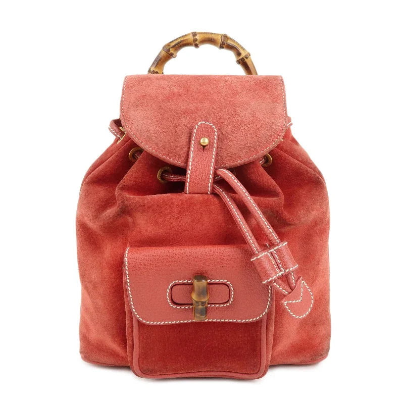 Women Gucci Sylvie bags with a detachable ribbon detailGUCCI Bamboo Leather Backpack Mini Ruck Sack Bag Red 003.1705