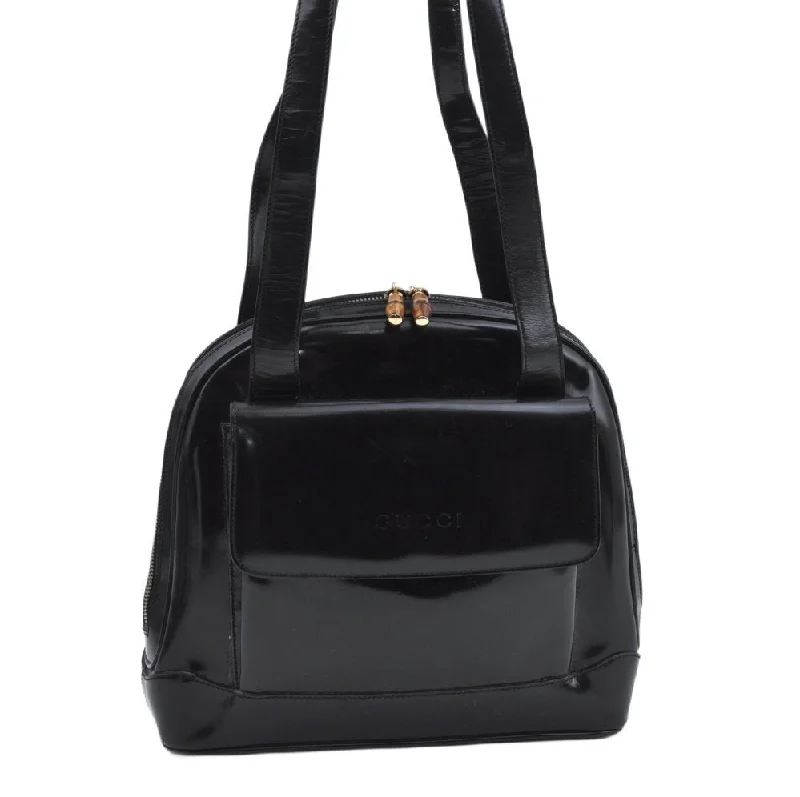 Gucci handbags for women with a patent - leather finishAuthentic GUCCI Bamboo Shoulder Bag Enamel Leather Black  L0626