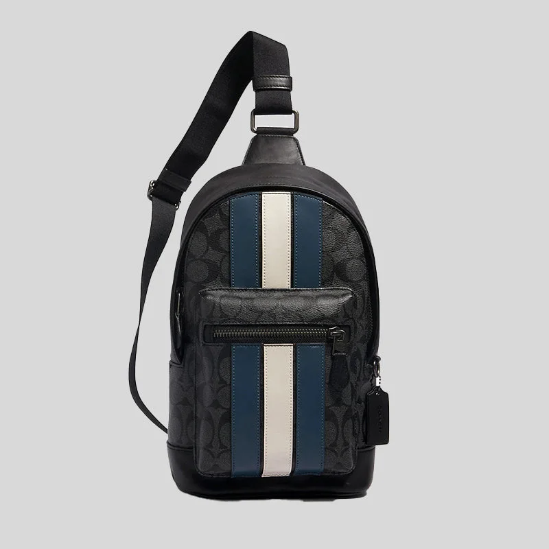 Coach crossbody bags with a woven leather strap for a unique textureCOACH West Pack In Signature Canvas With Varsity Stripe Charcoal Denim Chalk 2999