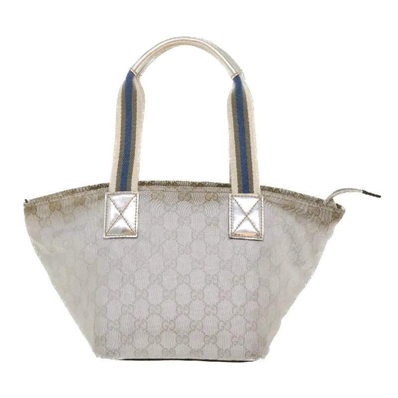 Gucci tote bags for women with a double - handle designGUCCI GG Canvas Sherry Line Tote Bag Silver Blue gray 131223  yt974