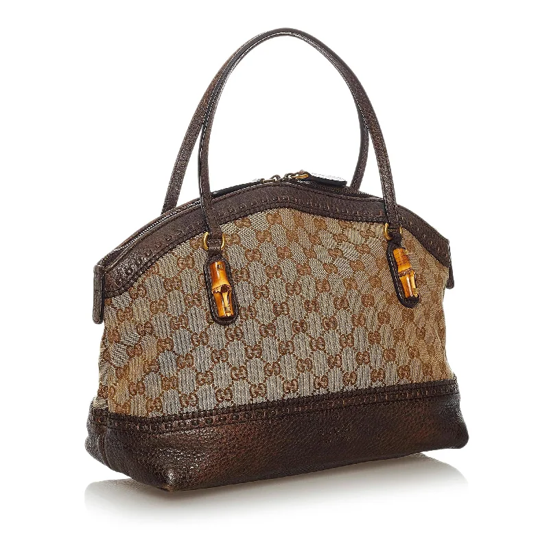 Women Gucci bags with a chain - link trim and a leather bodyGucci Bamboo GG Canvas Crafty Handbag (28907)