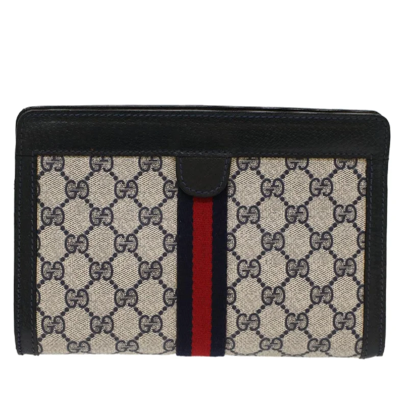 Ladies Gucci shoulder bags with a tassel decorationGUCCI GG Canvas Sherry Line Clutch Bag PVC Leather Gray Red Navy  th3819