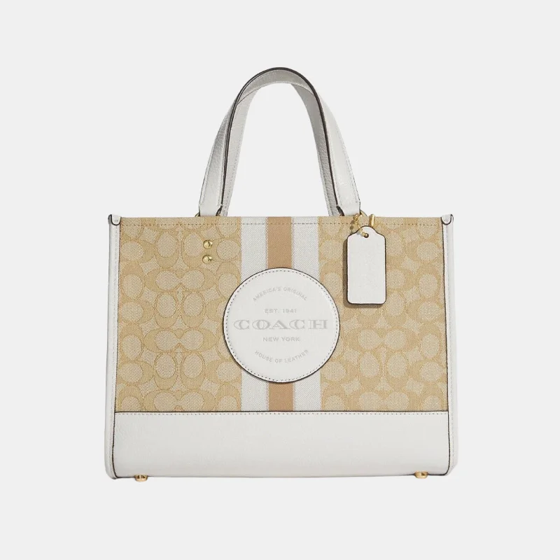 Coach crossbody bags with a woven leather strap for a unique textureCoach Dempsey Carryall Tote Signature Khaki White Jacquard Stripe Patch Bag