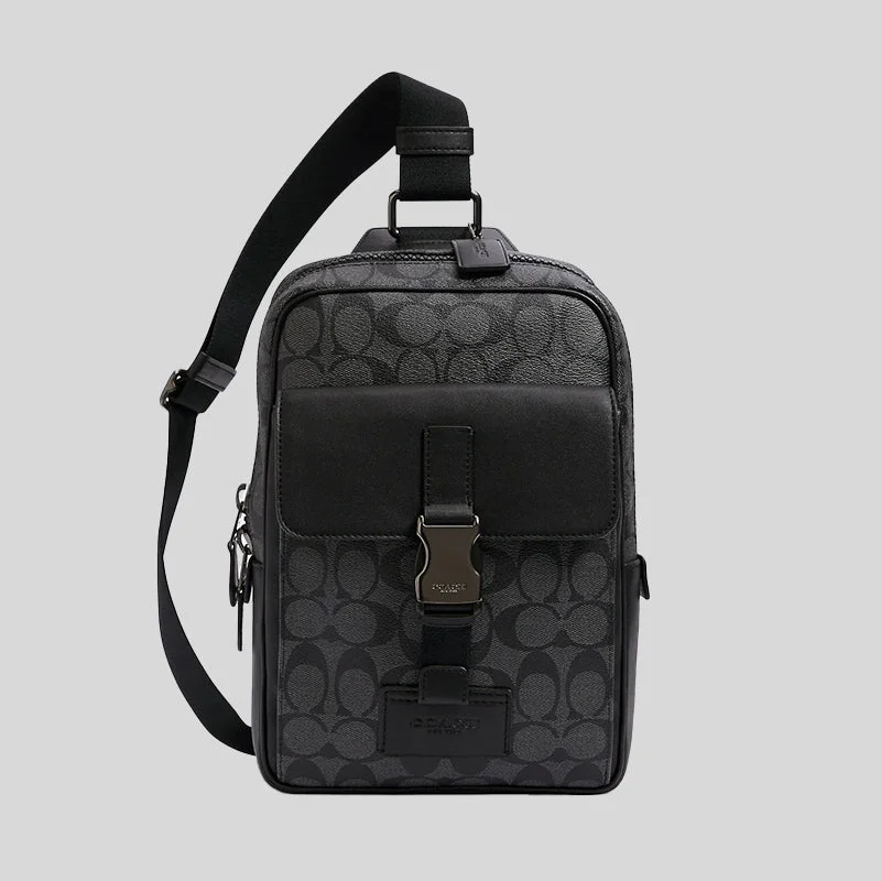 Coach handbags with a metal - framed clasp for durability and styleCoach Track Pack In Signature Canvas Black C2711