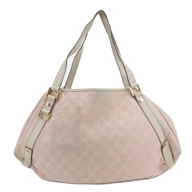 Women Gucci backpacks with a luxurious leather finishGUCCI Abbey GG Canvas Leather Tote Hand Bag Pink Ivory 130736