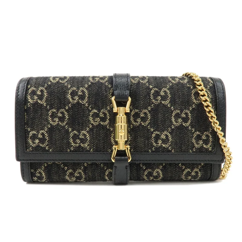 Gucci backpacks for women with a sleek silhouetteGUCCI New Jackie GG Denim Leather Chain Wallet Black 652681