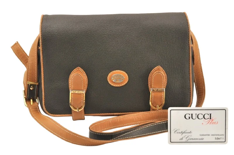 Ladies Gucci shoulder bags with a wide - width strapAuthentic GUCCI Vintage Shoulder Cross Bag Purse Leather Brown Khaki 6010K