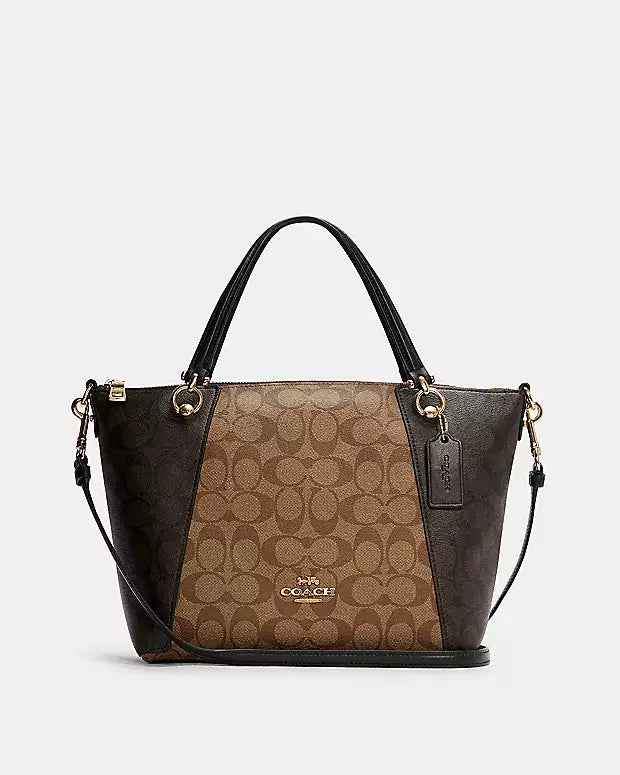 Coach tote bags with a printed Coach logo for brand visibilityCoach Kacey Satchel in Blocked Signature Canvas in Khaki Brown Multi