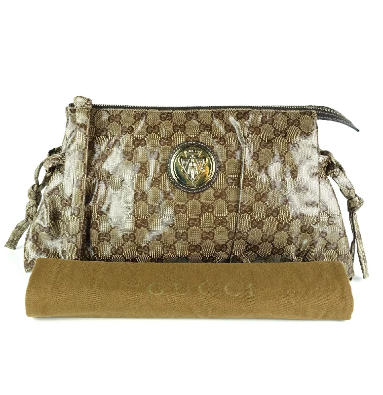 Women Gucci Sylvie bags featuring the signature web stripeHysteria Coated Monogram Canvas Clutch Bag