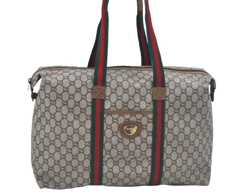 Women Gucci tote bags in GG Supreme canvas for a branded feelAuthentic GUCCI Web Sherry Line Travel Boston Bag GG Plus PVC Brown L0625