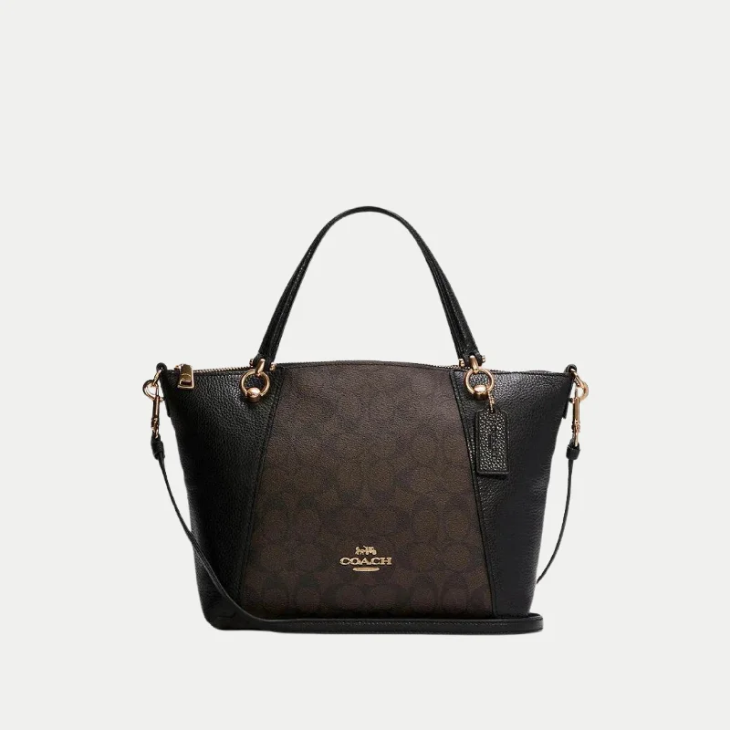 Coach bags with a chain - link trim and a leather body for a modern edgeCoach Kacey Satchel in Blocked Signature Canvas Brown Black