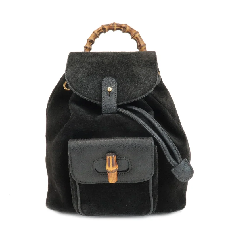 Women Gucci bags with a zip - around closure for securityGUCCI Bamboo Suede Leather Mini Back Pack Black 00.2034.0030