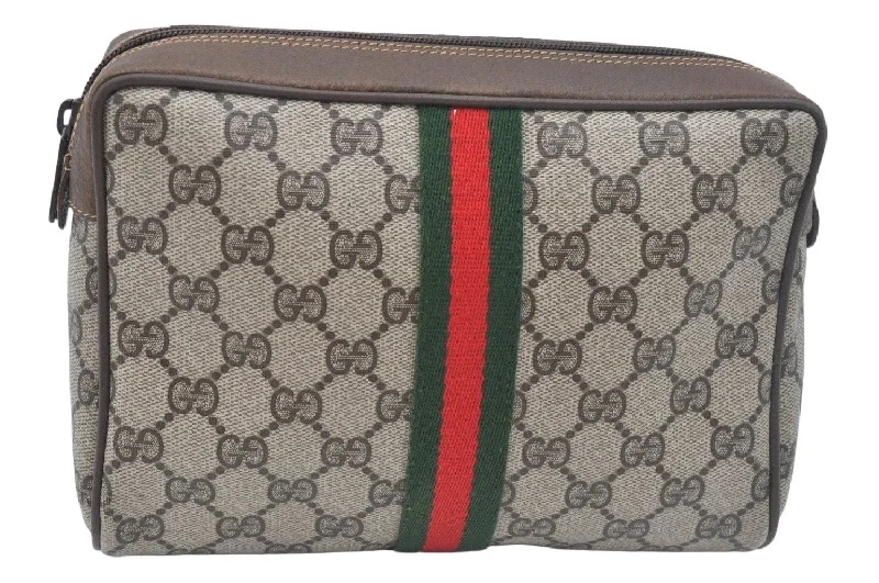 Women Gucci crossbody bags with a woven leather strapAuth GUCCI Web Sherry Line Clutch Hand Bag Purse GG PVC Leather Brown Junk L0637