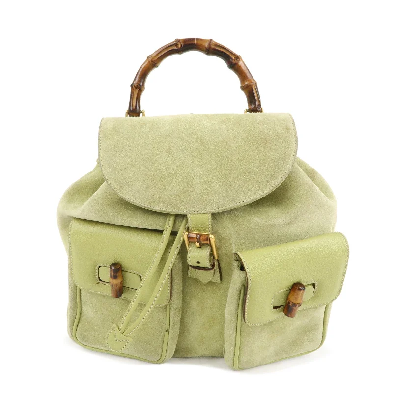 Gucci tote bags for women with a water - resistant coatingGUCCI Bamboo Suede Leather Back Pack Light Green 003.2058