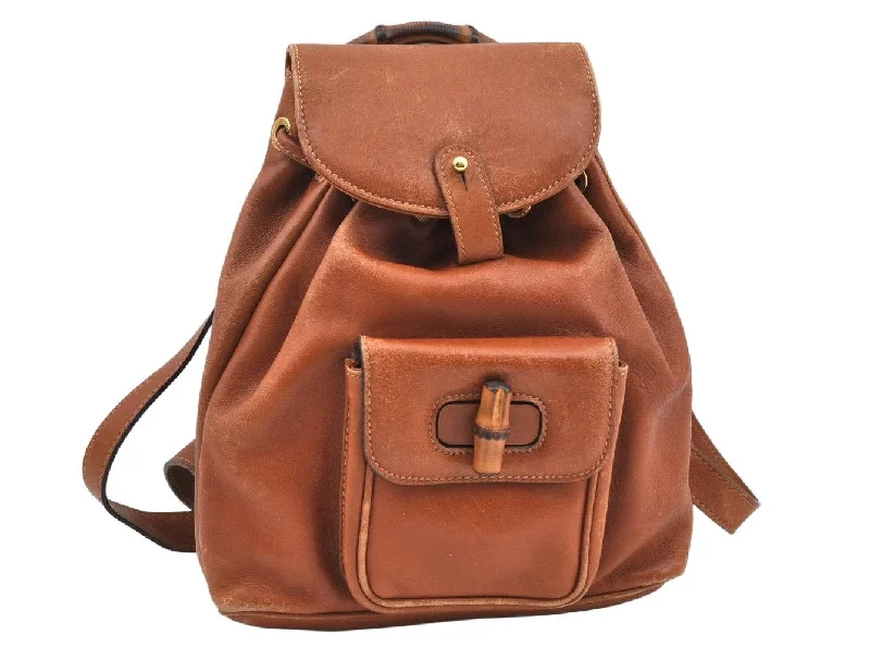 Women Gucci Sylvie bags with a leather - wrapped handleAuthentic GUCCI Bamboo Backpack Leather Brown L0651