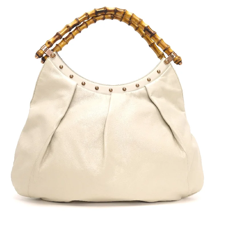 Women Gucci bags with a chain - link trim and a leather bodyPleated Leather Bamboo Handles Hobo Bag