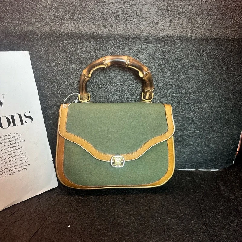 Celine Shoulder Bags in Classic Neutral ColorsCeline Patchwork Leather Bamboo Handle Handbag Green 23cm