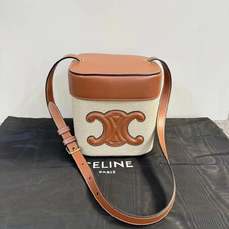 Seasonal Print Celine Bags for Summer VacationsCeline Triomphe Canvas Tan Leather Small Bucket Bag