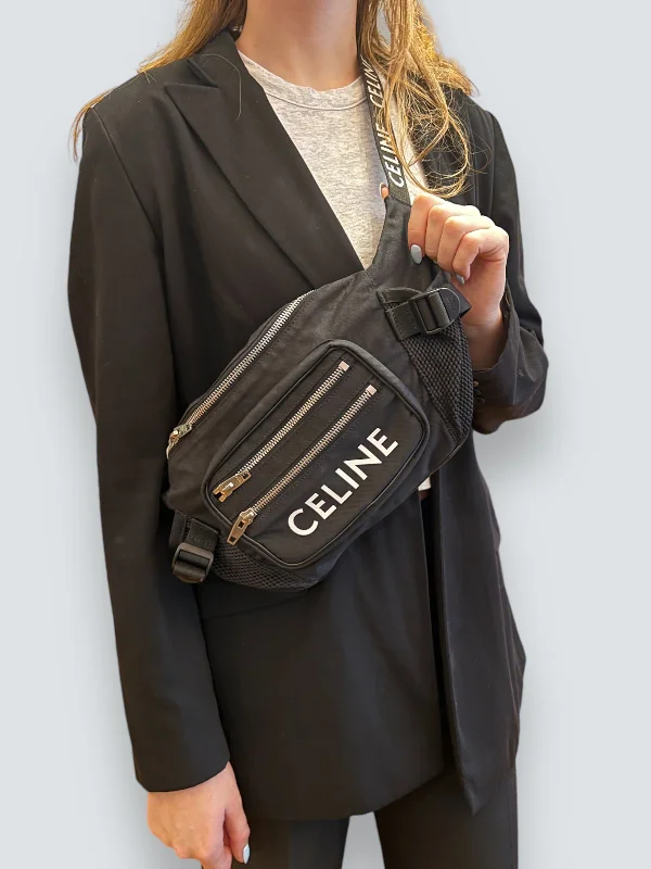 Celine Bags with Adjustable Handles for Comfortable CarryingCeline Black Fabric Logo Belt Bag