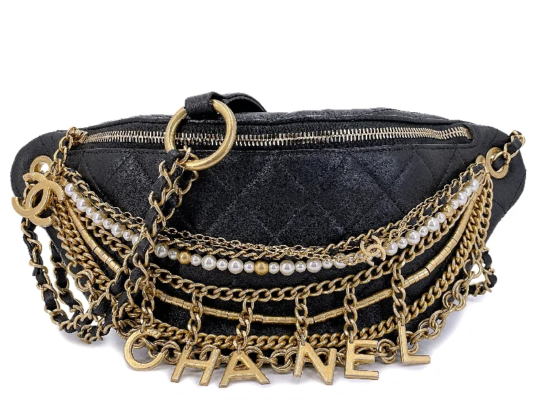 Chanel All - Match Handbag for Versatile StylingChanel 19A Black All About Chains Pearl Fanny Pack Bag GHW