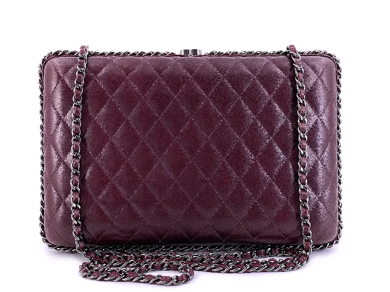 Chanel Luxury Handbag for High - End EventsChanel 2012 Bordeaux Burgundy Oversizsed Hard Quilted Chain Around Clutch Bag RHW