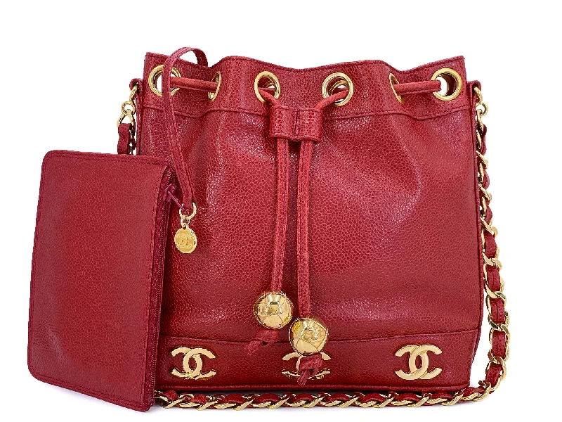 Chanel Chain Strap Handbag for Everyday UseChanel 1994 Vintage Red Caviar Mini Drawstring 6-CC Rectangular Bucket Bag 24k GHW