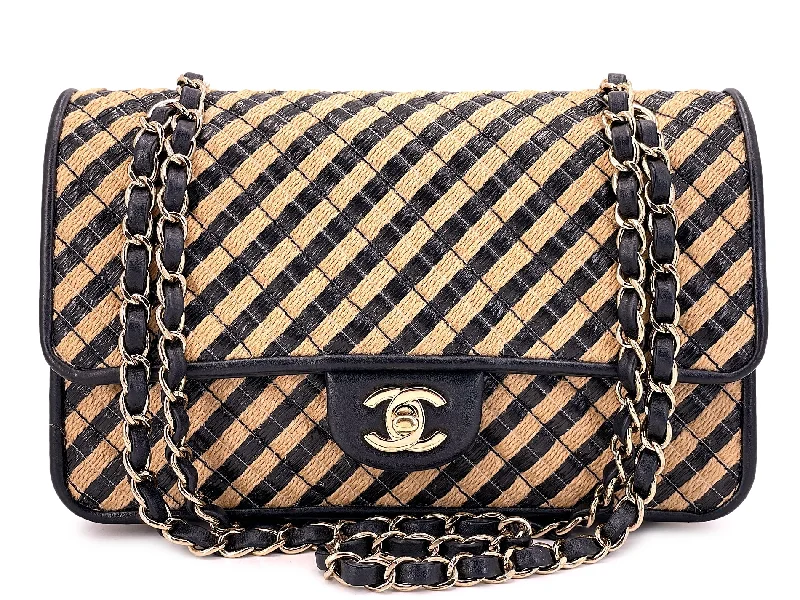 Chanel Handbag with Adjustable Strap for ComfortChanel Straw Raffia Medium Urban Jungle Classic Flap Bag Black Beige GHW