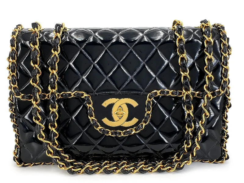 Chanel Designer Handbag with Unique DesignChanel 1995 "Barbie" Black Patent Chain Around Maxi Flap Bag 24k GHW