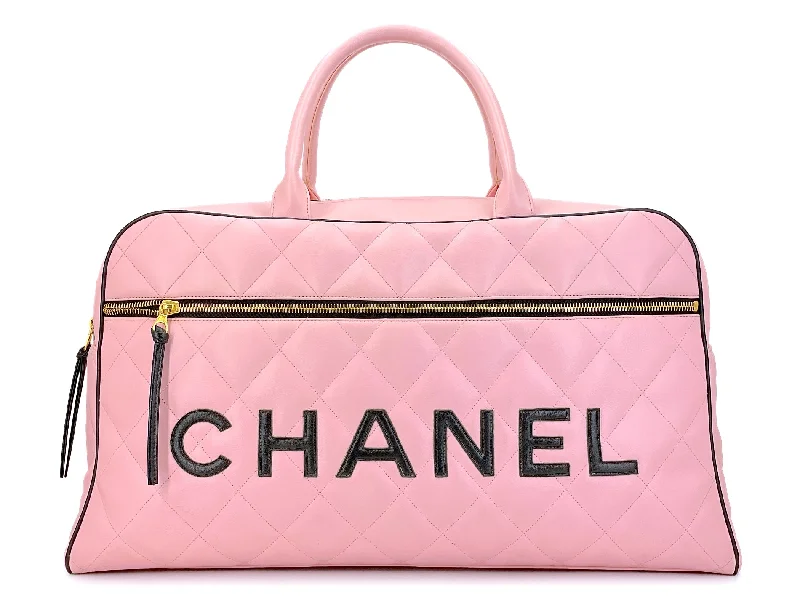 Chanel Small Crossbody Bag for TravelChanel 1995 Vintage Pink XL Large Duffle Bowler Lettered Logo Bag J90