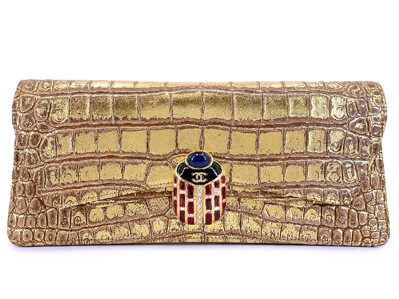 Chanel Vintage Inspired Handbag for Retro LoversChanel 19A Egyptian Crocodile Print Scarab Clutch Gold Paris-New York Bag TI9