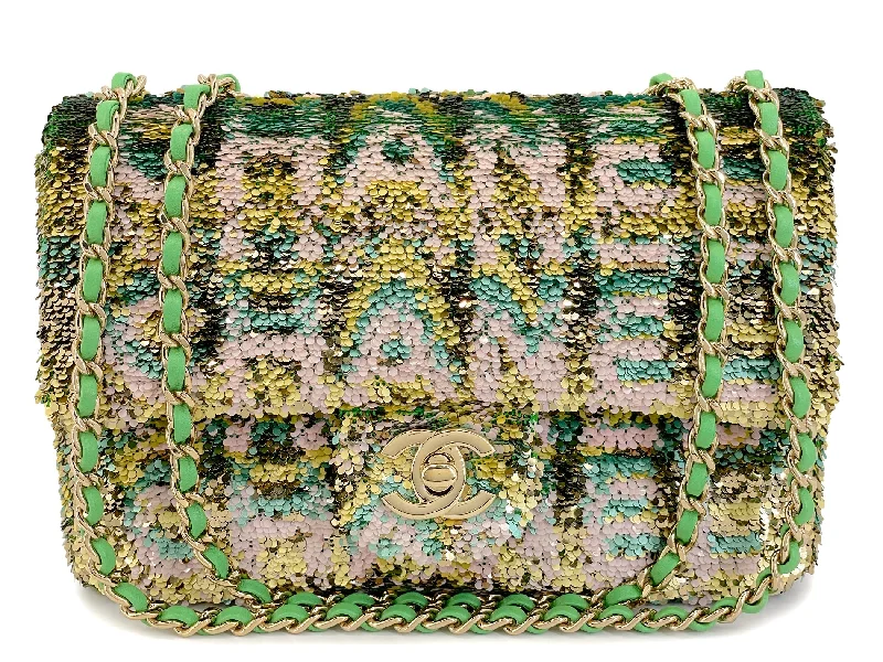 Chanel Classic Flap Bag for Evening PartyChanel 2021 Iconic Green Pastel Letter Sequin Green Rectangular Mini Flap Bag GHW 2EE