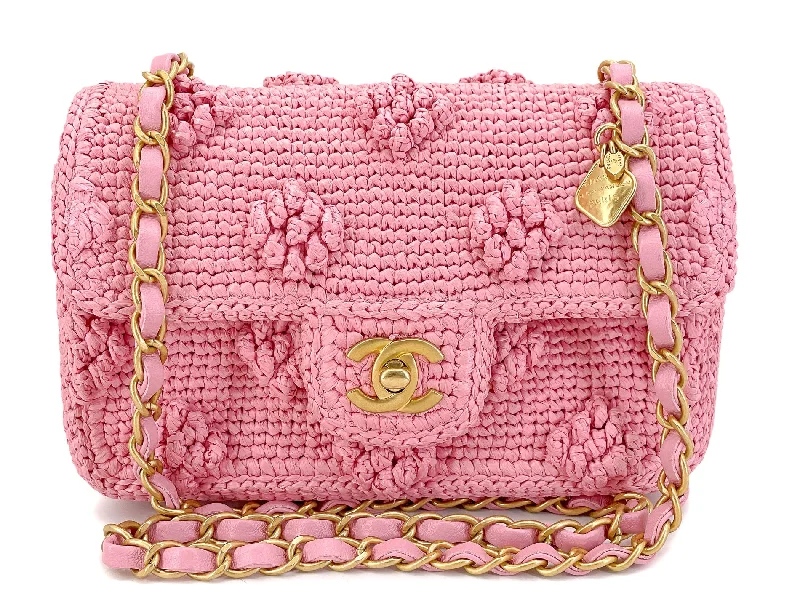 Chanel Handbag with Adjustable Strap for ComfortChanel 24P Pink Raffia Straw Mini Recangular Flap Bag with Charms GHW