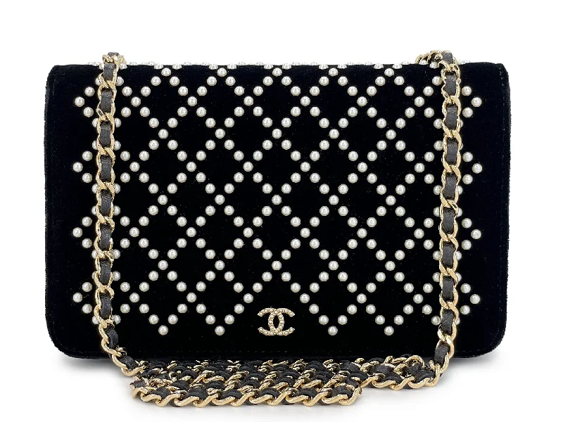 Chanel Designer Handbag with Unique DesignChanel Black Velvet Pearl Studded Wallet on Chain WOC Evening Bag GHW X3O