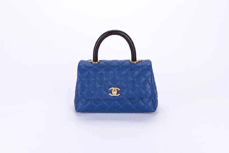 Chanel Quilted Leather Shoulder Bag for FashionistasChanel Mini Coco Handle Blue Color with Card, Strap, Dust Cover & Box