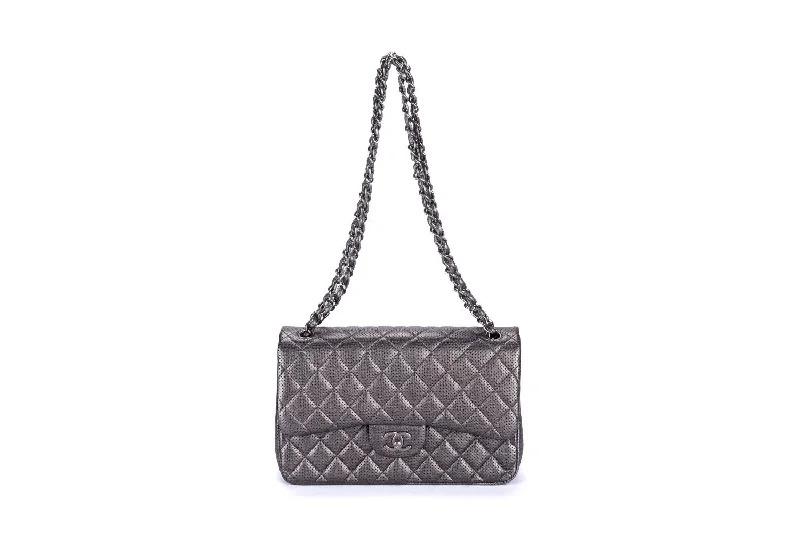 Chanel Small Crossbody Bag for TravelChanel Classic Flap (2063xxxx) Jumbo Dark Metallic Silver Perforated Lambskin with Card & Dust Cover