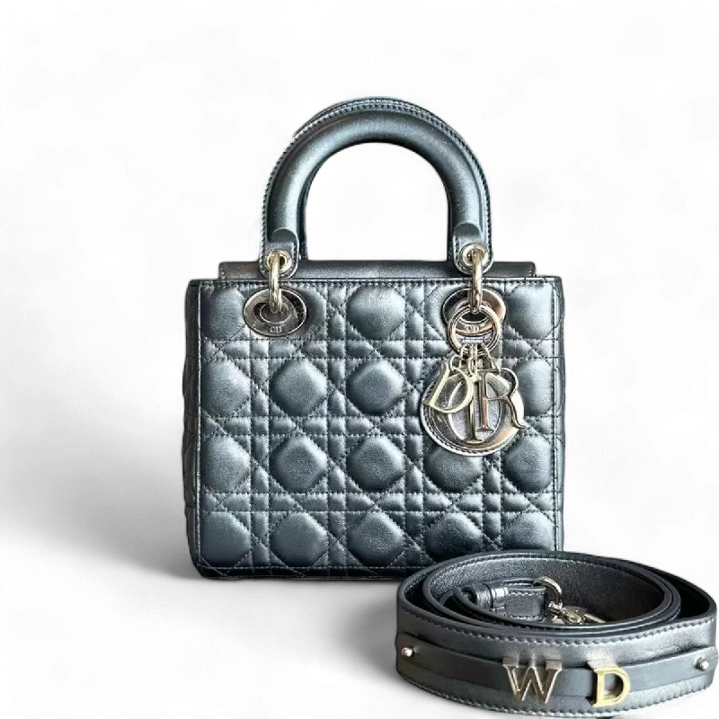 Christian Dior bags with a zip - top closure and multiple compartments*ABC Strap* Dior Lady Small MyABC Cannage Calfskin Metallic Gunmetal Grey Golden Hardware