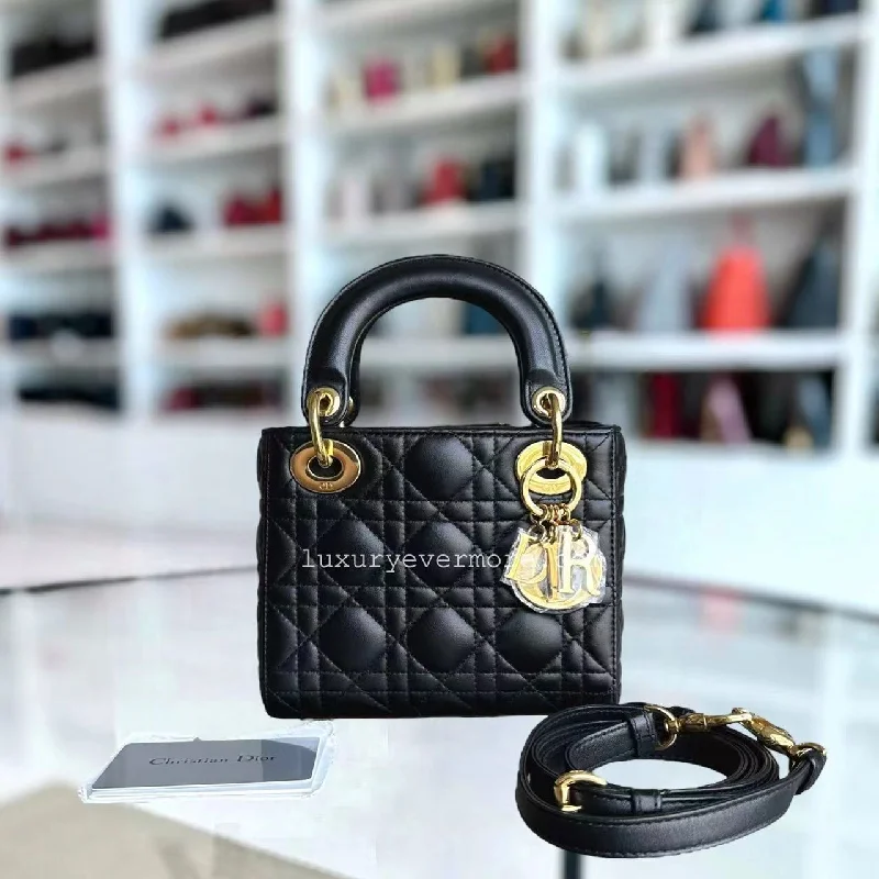 Christian Dior bags with a detachable coin purse inside*Adjustable Strap* Lady Mini Cannage Lambskin Black Golden Hardware