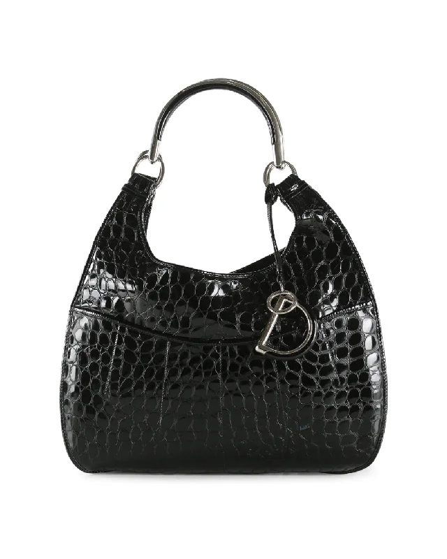 Christian Dior handbags with a back - pocket for quick storageCHRISTIAN DIOR Black Crocodile Embossed Patent Leather 61 Large Shoulder Bag