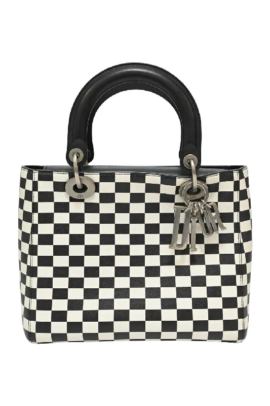 Christian Dior bags with a zip - top closure and multiple compartmentsCHRISTIAN DIOR Black two-tone leather check Lady Dior top handle bag with detachable shoulder strap