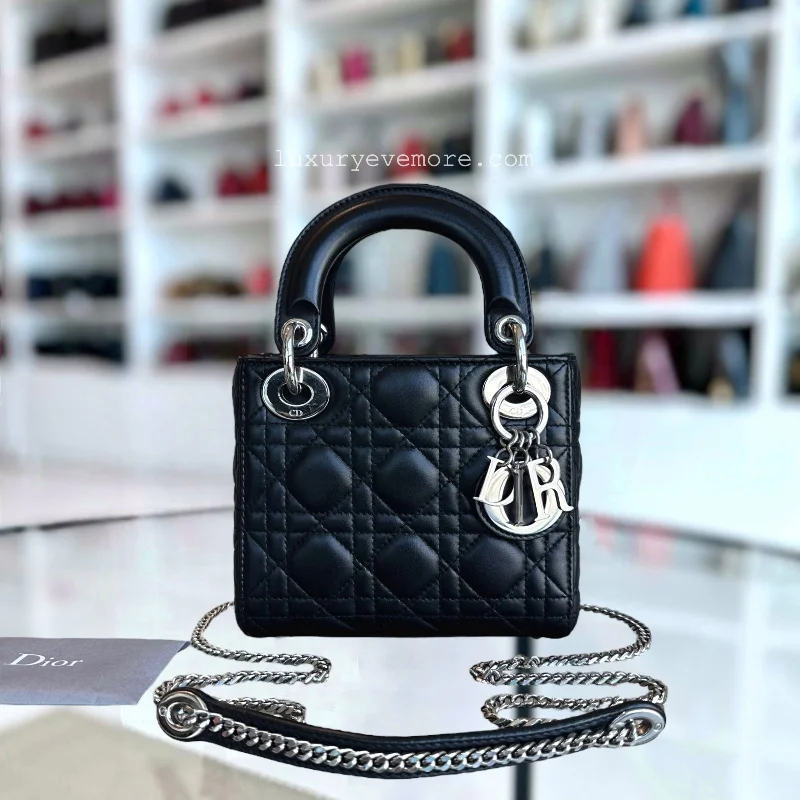 Christian Dior Saddle bags with a studded trim for a bold lookLady Mini Cannage Lambskin Black Silver Hardware Chain Version