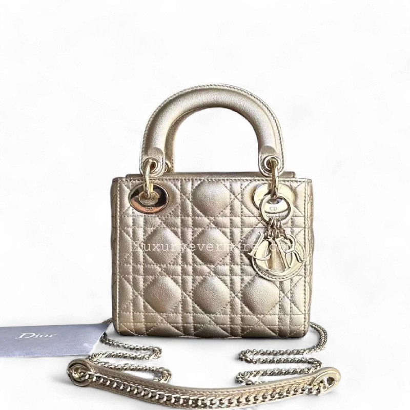 Stylish Christian Dior shoulder bags with a tassel - adorned zipperLady Mini Cannage Lambskin Gold Golden Hardware Chain Version