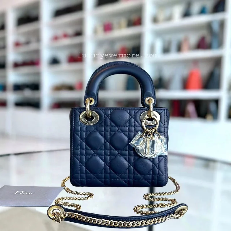 Stylish Christian Dior shoulder bags with a tassel - adorned zipperDEPOSIT of Lady Mini Lambskin Cannage Dark Blue Golden Hardware Chain Strap