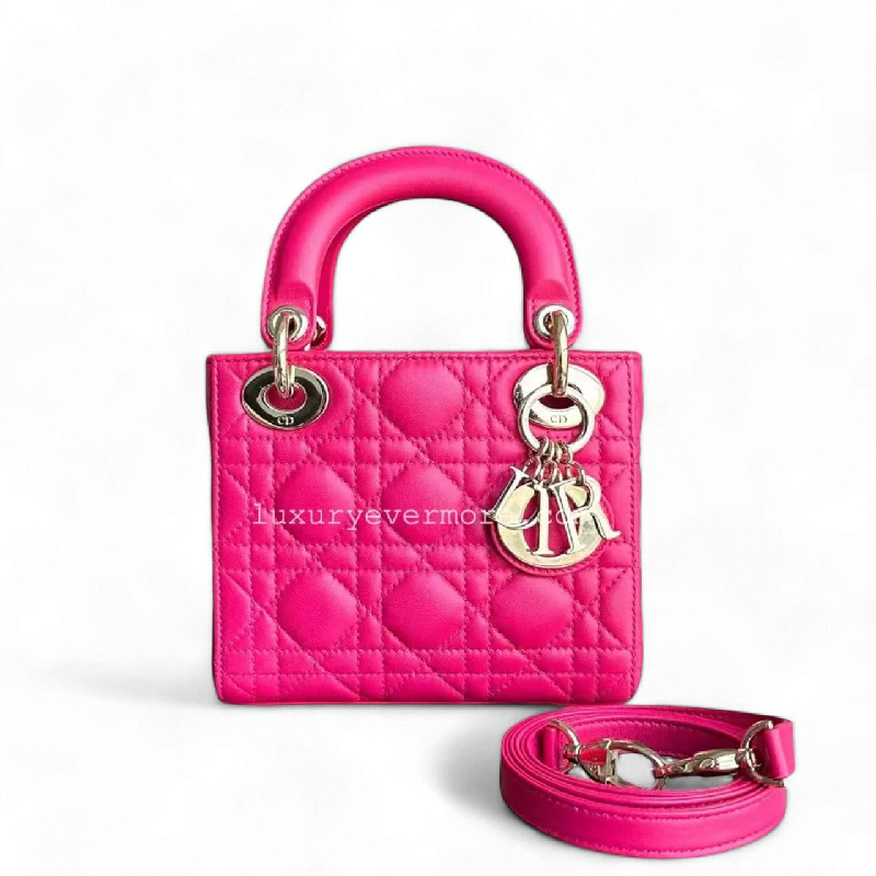 Christian Dior tote bags with a double - handle and shoulder - strap optionLady Mini Lambskin Cannage Hot Pink Golden Hardware