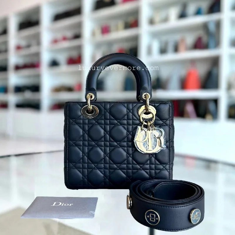 Trendsetting Christian Dior crossbody bags with a colorful strapDior Lady Small - Cannage Lambskin Dark Blue Golden Hardware