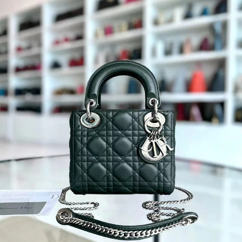 Christian Dior handbags with a detachable mirror for on - the - go touch - ups*Full set, Receipt* Lady Mini Lambskin Dark Green Silver Hardware Chain Strap